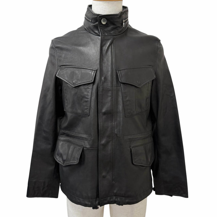 良品□PS Paul Smith ピーエス ポールスミス 羊革100％ スタンドカラー ライダースジャケット サファリジャケット ブラック M 正規品