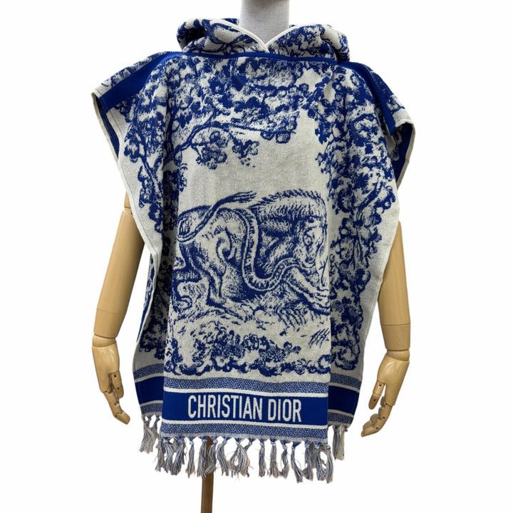 極美品☆Christian Dior クリスチャンディオール 14JOU370I900 トワル ドゥ ジュイ コットン フード付バスローブ ポンチョ ブルー 正規品