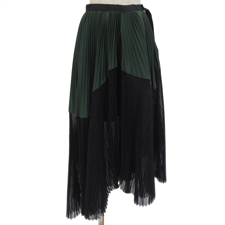 極美品▲Sacai サカイ 20-04888 バイカラー アシンメトリー プリーツ フレア スカート グリーン ブラック 0 日本製 正規品 レディース