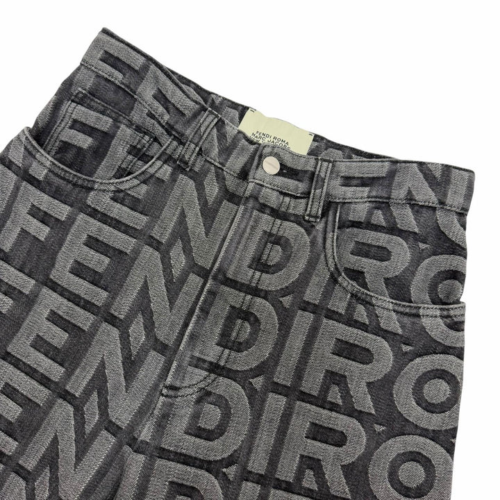 極美品☆FENDI×MARC JACOBS フェンディ×マークジェイコブス 2022年製 FLP774 ロゴ総柄 ワイドパンツ デニムパンツ グレー 38 正規品 伊製