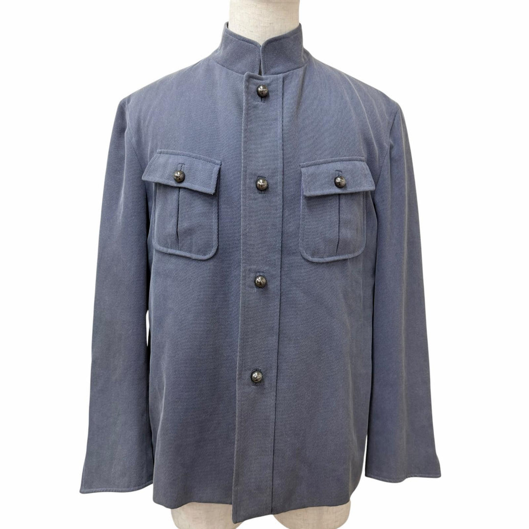 美品□ARNYS PARIS アルニス ヴィンテージ コットン カシミヤ ロゴボタン スタンドカラー サファリジャケット ブルーグレー 52 正規品