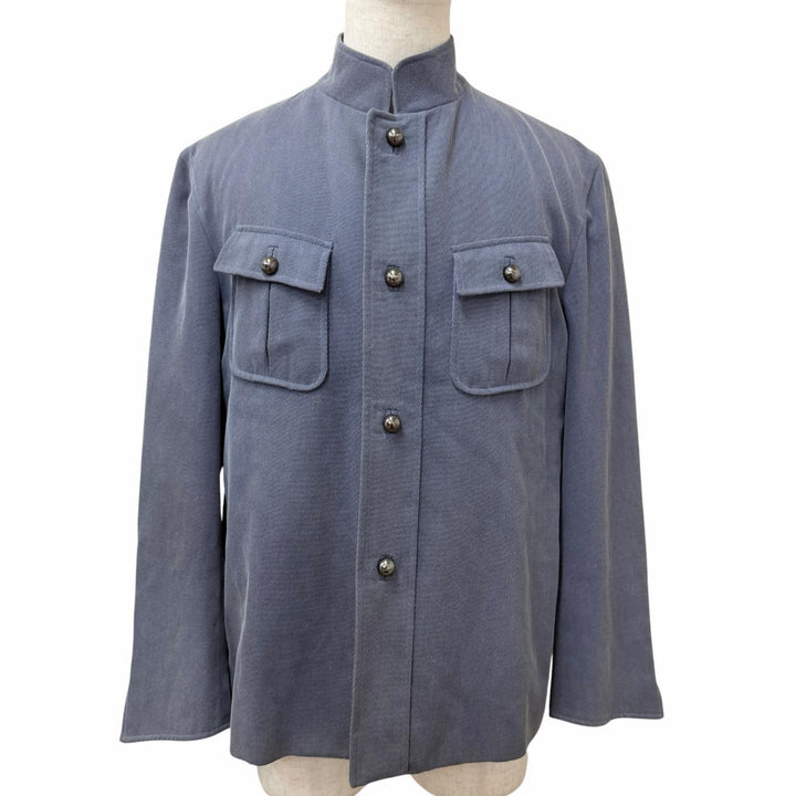 美品□ARNYS PARIS アルニス ヴィンテージ コットン カシミヤ ロゴボタン スタンドカラー サファリジャケット ブルーグレー 52 正規品