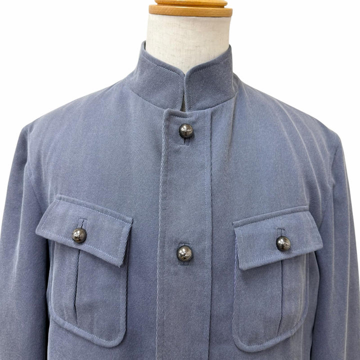 美品□ARNYS PARIS アルニス ヴィンテージ コットン カシミヤ ロゴボタン スタンドカラー サファリジャケット ブルーグレー 52 正規品