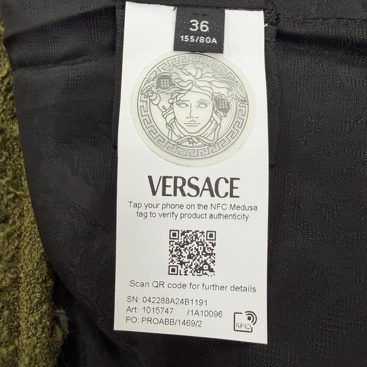 未使用品☆VERSACE ヴェルサーチ 2024年製 1015747 モヘア混 ヘリテージ メデューサ ツイード ダブルブレストコート カーキ 36 正規品