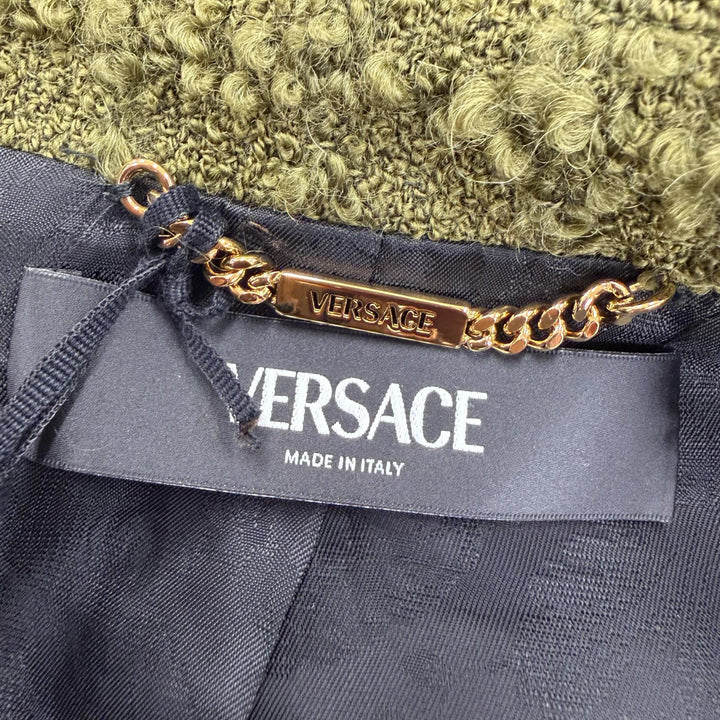 未使用品☆VERSACE ヴェルサーチ 2024年製 1015747 モヘア混 ヘリテージ メデューサ ツイード ダブルブレストコート カーキ 36 正規品