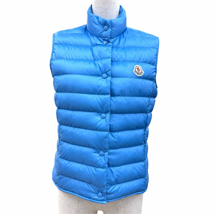 美品☆MONCLER モンクレール LIANE GILET ロゴワッペン ロゴボタン ポケッダブル収納袋付 ダウンベスト ブルー 1 正規品 レディース