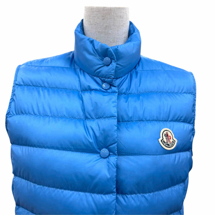 美品☆MONCLER モンクレール LIANE GILET ロゴワッペン ロゴボタン ポケッダブル収納袋付 ダウンベスト ブルー 1 正規品 レディース
