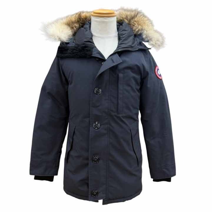 美品▼CANADA GOOSE カナダグース 3438JM ロゴワッペン ファー付き フーデッド ダブルジップアップ ダウンジャケット ネイビー XS 正規品