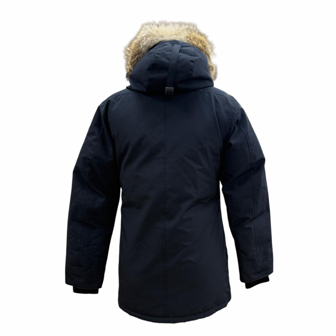 美品▼CANADA GOOSE カナダグース 3438JM ロゴワッペン ファー付き フーデッド ダブルジップアップ ダウンジャケット ネイビー XS 正規品