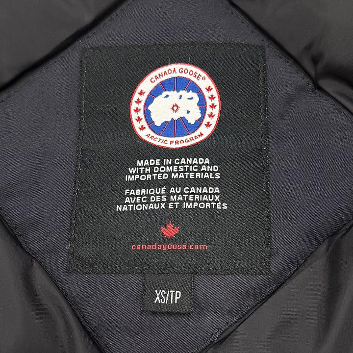 美品▼CANADA GOOSE カナダグース 3438JM ロゴワッペン ファー付き フーデッド ダブルジップアップ ダウンジャケット ネイビー XS 正規品