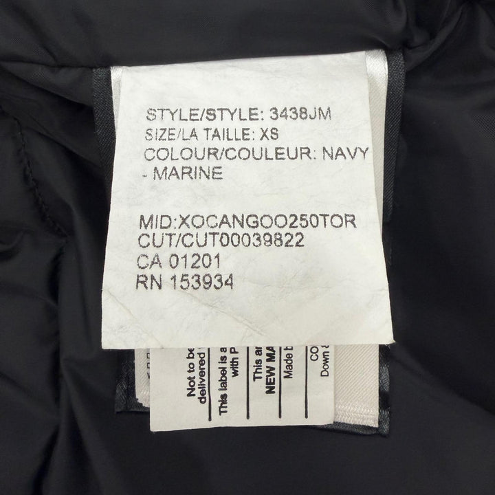 美品▼CANADA GOOSE カナダグース 3438JM ロゴワッペン ファー付き フーデッド ダブルジップアップ ダウンジャケット ネイビー XS 正規品