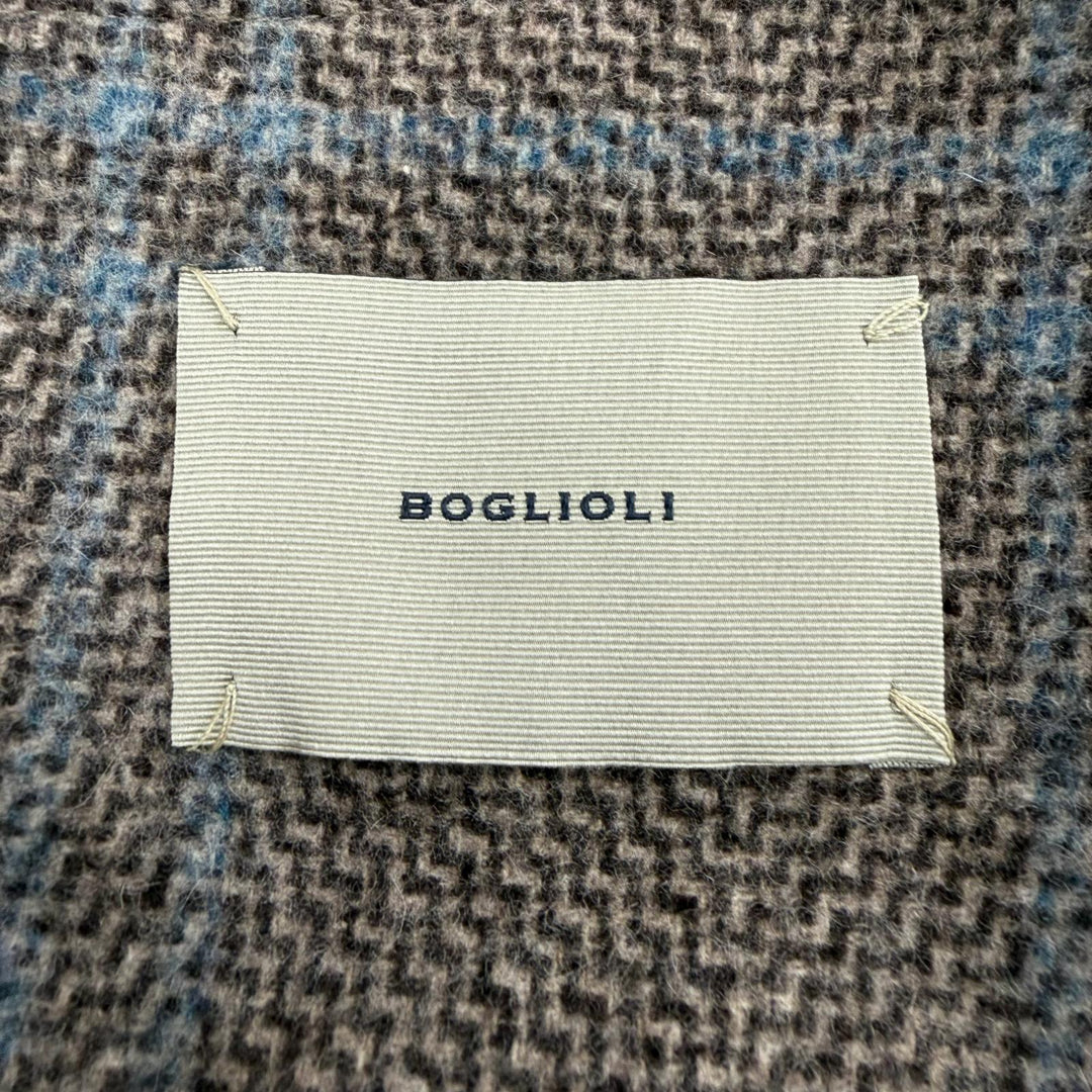 極美品▼BOGLIOLI ボリオリ DOVER ウール80% チェック柄 ロゴ入りボタン ステンカラーコート ブラウン 46 イタリア製 正規品 メンズ