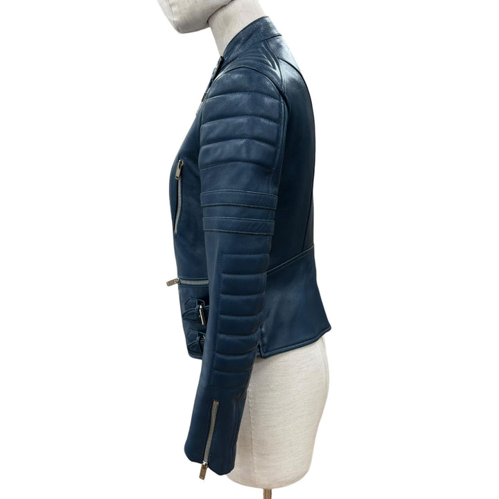 美品◇CELINE セリーヌ 2 5H99/4533 羊革 フィービー期 バイカー ムートン ライダース レザージャケット ブルー系 38 イタリア製 正規品