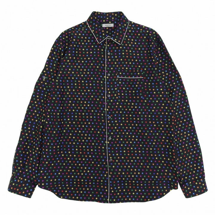 極美品▲VALENTINO ヴァレンティノ QV3ABA25EMN シルク100％ 星柄 長袖シャツ ブラック マルチ 42 イタリア製 正規品 メンズ