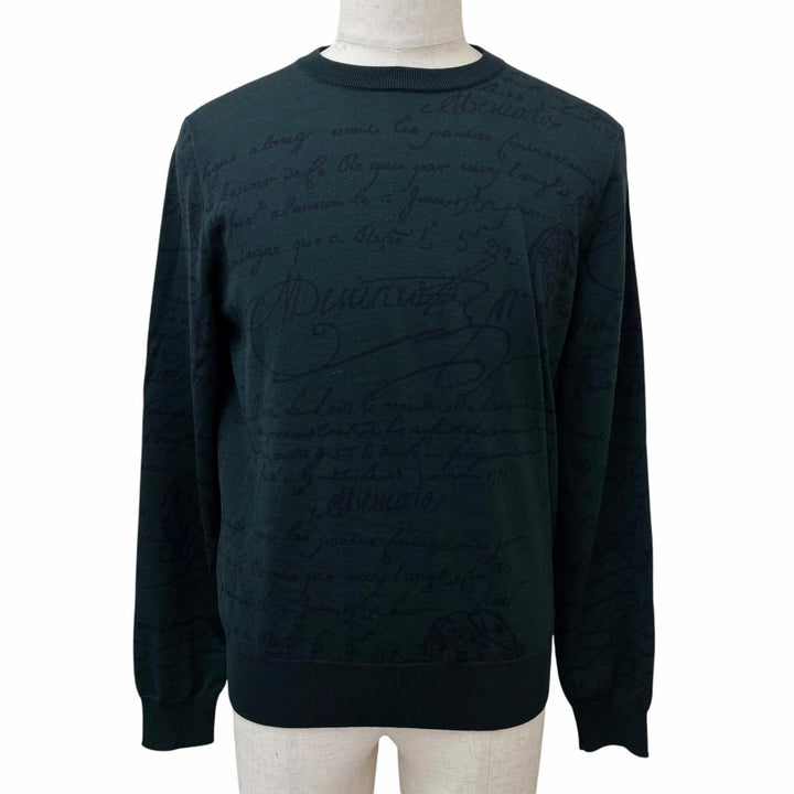 極美品□BERLUTI ベルルッティ ウール100％ カリグラフィ スクリット 総柄 薄手 セーター ダークグリーン M イタリア製 正規品 メンズ