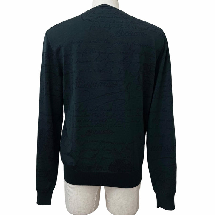 極美品□BERLUTI ベルルッティ ウール100％ カリグラフィ スクリット 総柄 薄手 セーター ダークグリーン M イタリア製 正規品 メンズ