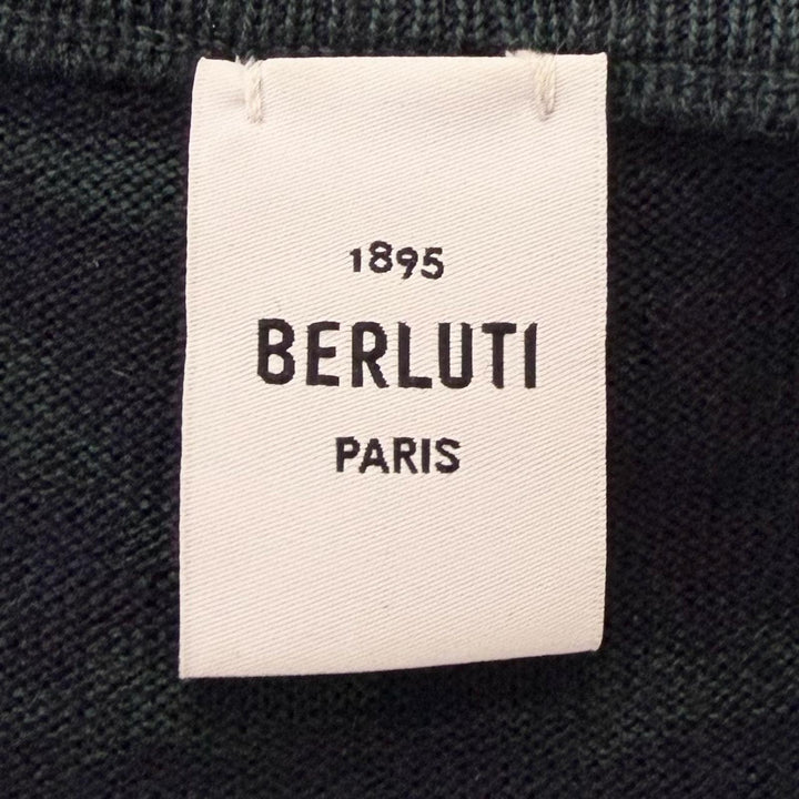 極美品□BERLUTI ベルルッティ ウール100％ カリグラフィ スクリット 総柄 薄手 セーター ダークグリーン M イタリア製 正規品 メンズ