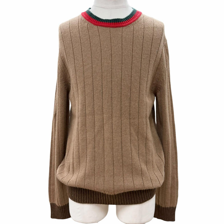 極美品▼GUCCI グッチ 23SS 721035 キャメル ウール ウェブストライプ クルーネック ニットセーター ブラウン M 伊製 正規品 メンズ