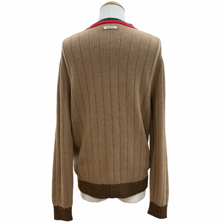 極美品▼GUCCI グッチ 23SS 721035 キャメル ウール ウェブストライプ クルーネック ニットセーター ブラウン M 伊製 正規品 メンズ