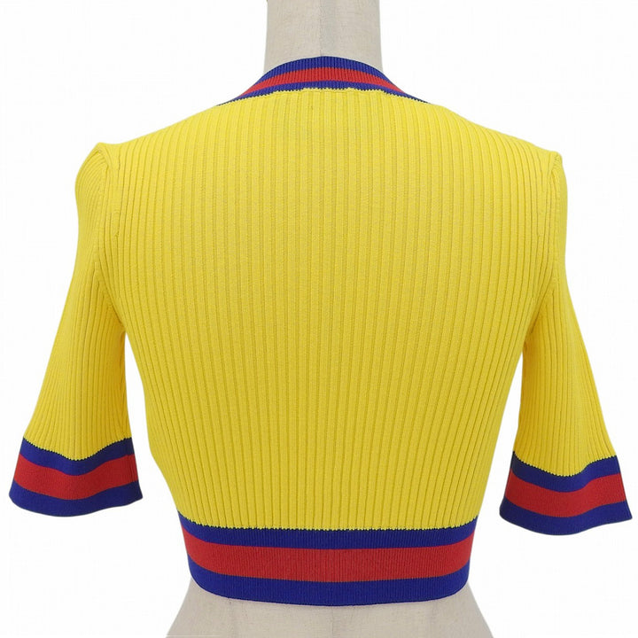 極美品▲GUCCI グッチ 756271 ウェブストライプ クロップド丈 Vネック 半袖ニット イエロー ブルー レッド XS 伊製 正規品 レディース