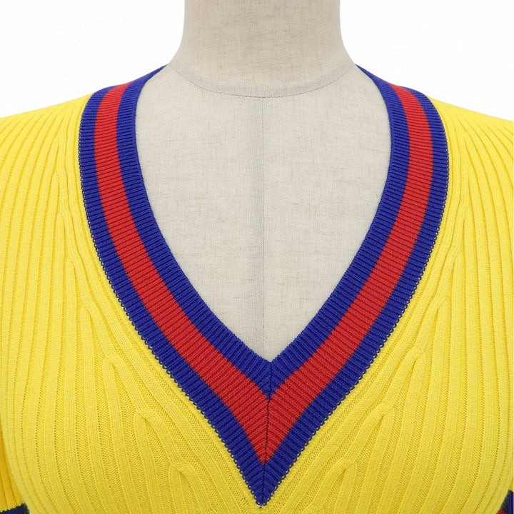 極美品▲GUCCI グッチ 756271 ウェブストライプ クロップド丈 Vネック 半袖ニット イエロー ブルー レッド XS 伊製 正規品 レディース