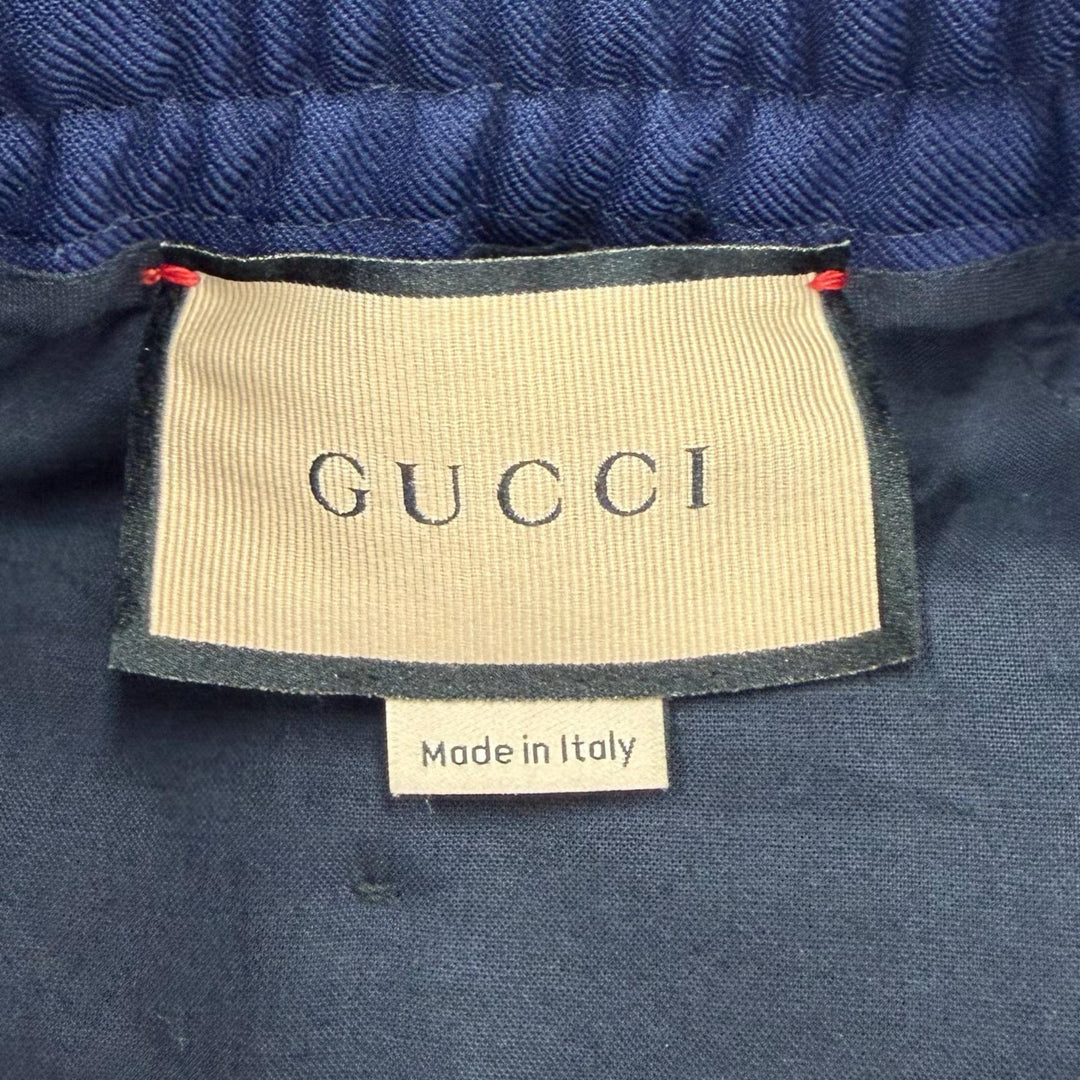 極美品▼GUCCI グッチ 690559 レザー使い インターロッキングG ロゴワッペン ジャージ イージー パンツ ネイビー 48 伊製 正規品 メンズ
