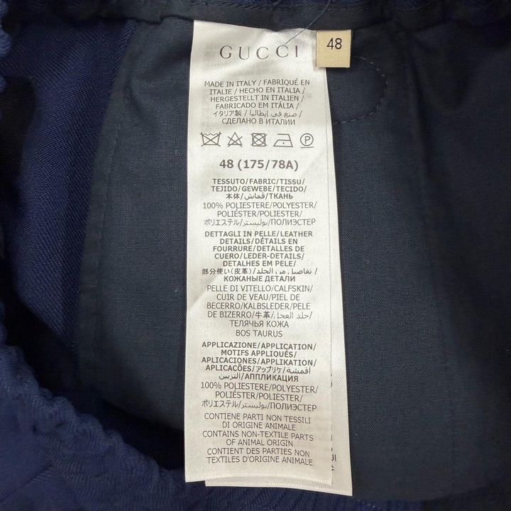 極美品▼GUCCI グッチ 690559 レザー使い インターロッキングG ロゴワッペン ジャージ イージー パンツ ネイビー 48 伊製 正規品 メンズ