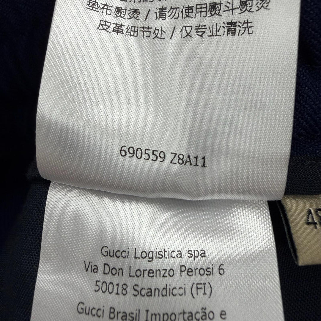 極美品▼GUCCI グッチ 690559 レザー使い インターロッキングG ロゴワッペン ジャージ イージー パンツ ネイビー 48 伊製 正規品 メンズ
