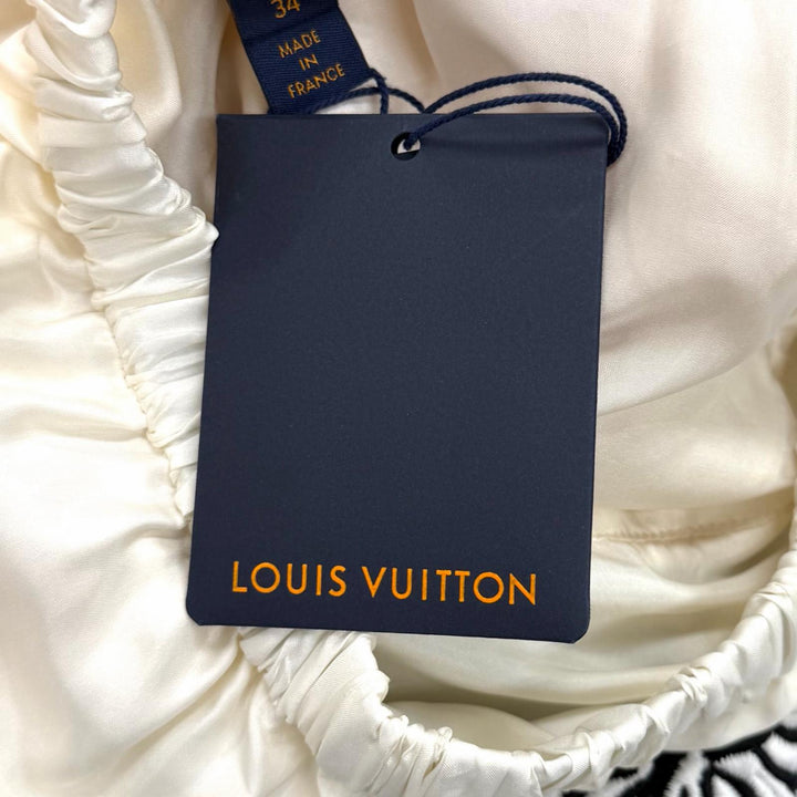 未使用品★LOUIS VUITTON ルイヴィトン 裏地シルク100％ 裾フラワーレース 膝丈 フレアスカート マルチ 34 フランス製 正規品 レディース