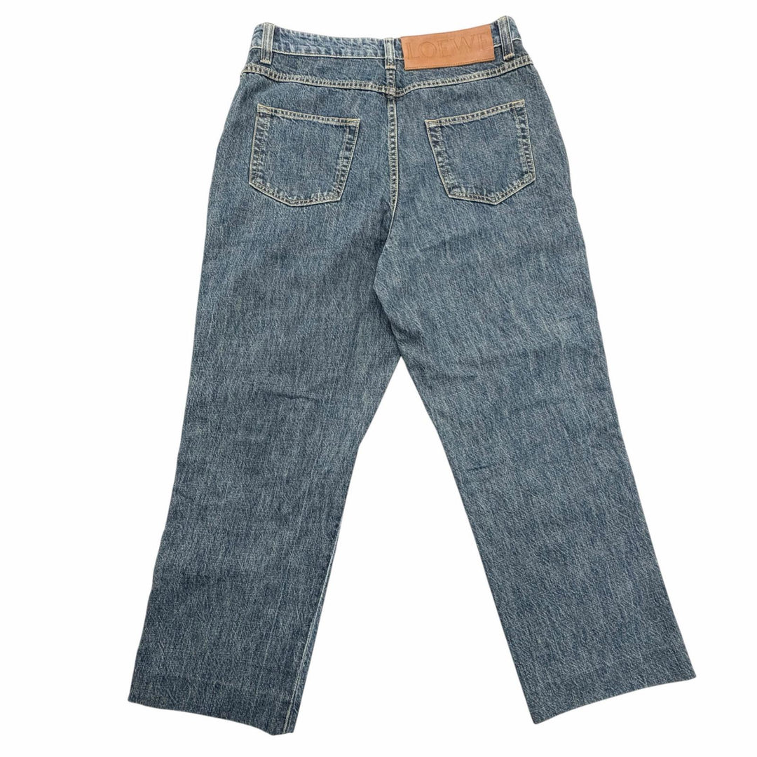 美品▼LOEWE ロエベ H2102660IB コットン100% レザーパッチ付き ボタンフライ デニムパンツ ブルー 46 イタリア製 正規品 メンズ