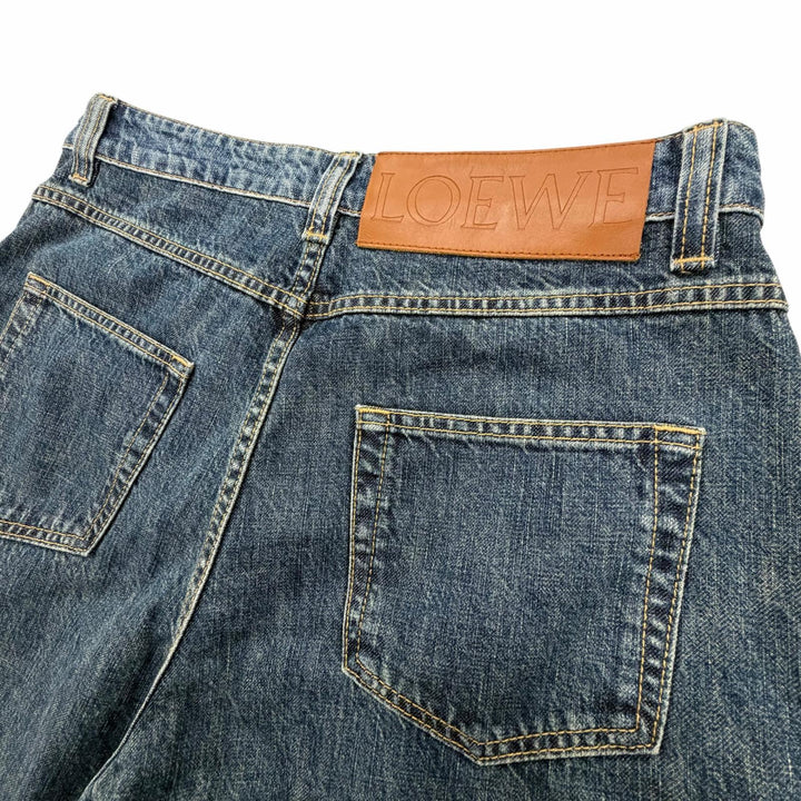 美品▼LOEWE ロエベ H2102660IB コットン100% レザーパッチ付き ボタンフライ デニムパンツ ブルー 46 イタリア製 正規品 メンズ