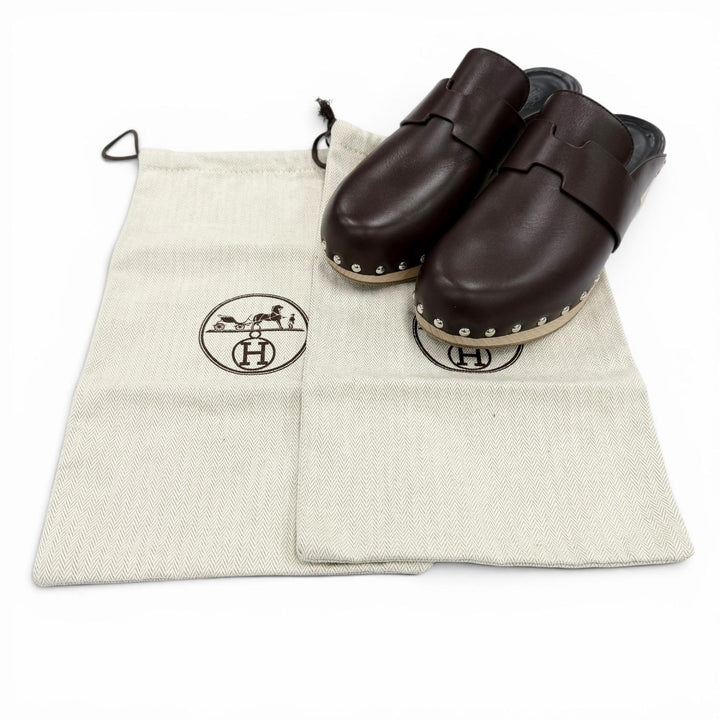 美品◇HERMES エルメス 211263Z カリャ サボ シルバー金具 Hデザイン レザー サンダル ブラウン 37 イタリア製 レディース 保存袋付き