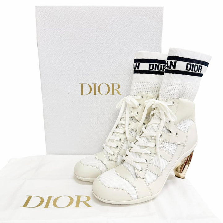 未使用品△Christian Dior クリスチャンディオール D-ZENITH レザー レースアップ ロゴソックスブーツ アンクルブーツ オフホワイト 37.5