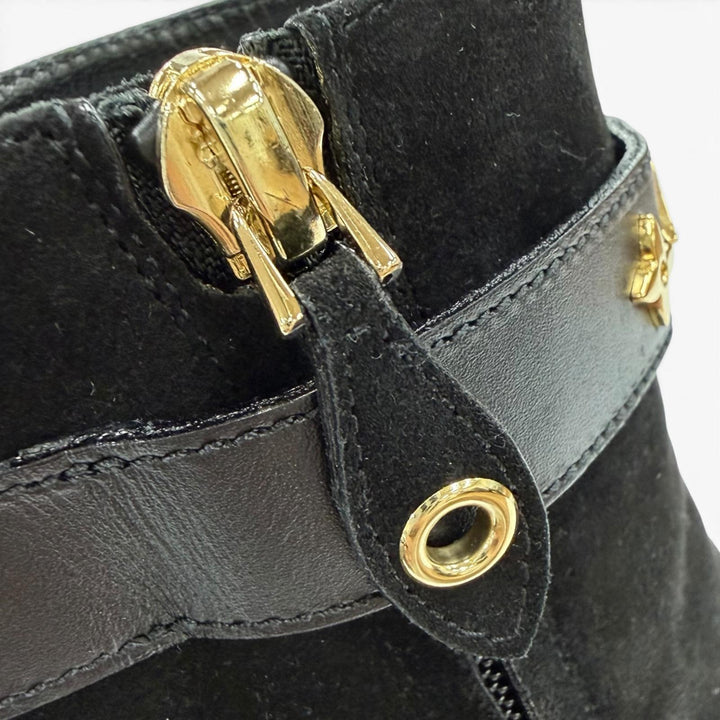 美品◇LOUIS VUITTON ルイヴィトン シルエットライン スウェードレザー モノグラム フラワーヒール LVロゴ ショートブーツ ブラック 36.5