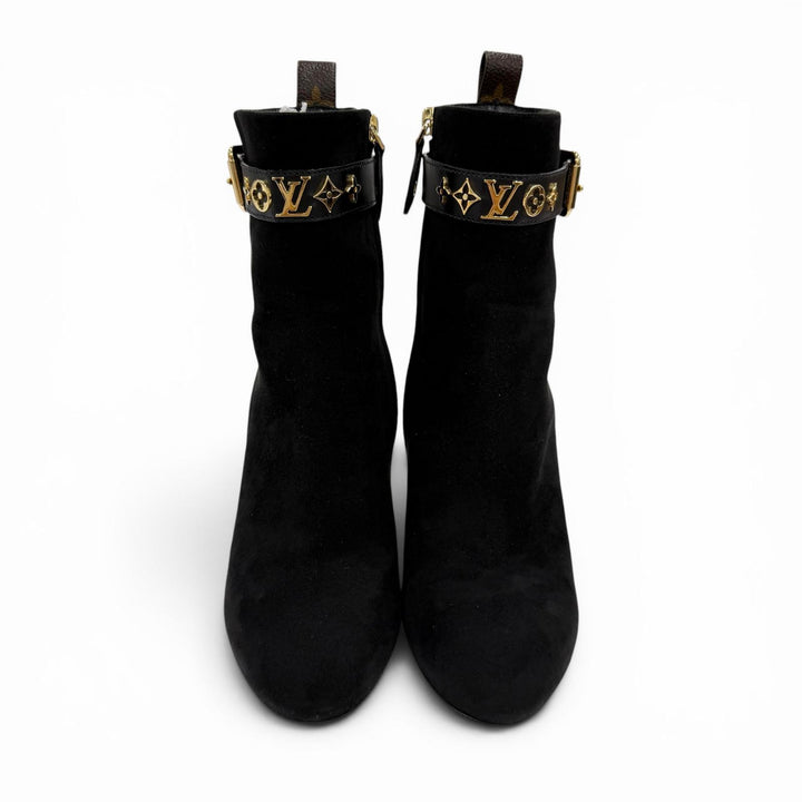 美品◇LOUIS VUITTON ルイヴィトン シルエットライン スウェードレザー モノグラム フラワーヒール LVロゴ ショートブーツ ブラック 36.5
