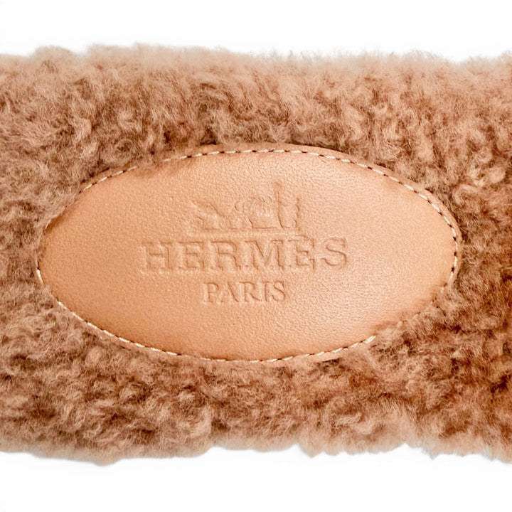 未使用品△HERMES エルメス 212178Z ORAN オラン Hモチーフ シープスキンファー ムートン フラット サンダル ミュール ピンクベージュ 35