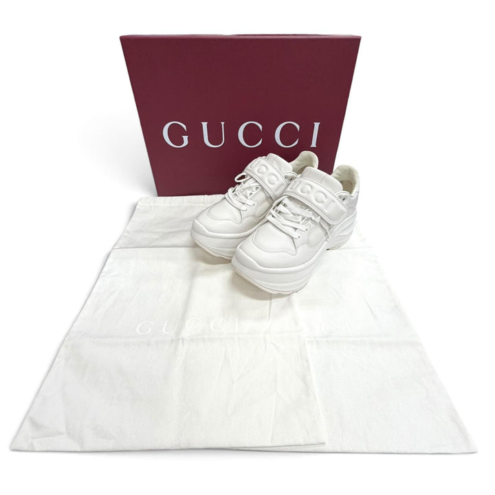 美品△GUCCI グッチ 805708 ロゴ プラットフォーム ウェーブ レザー スニーカー ホワイト 36.5 イタリア製 レディース 保存袋付き