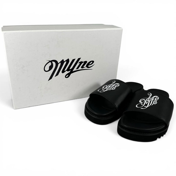 未使用品▲MYne マイン G08FW701 logo Slide Sandal ロゴスライドサンダル シャワー サンダル ブラック 40 レディース 箱付き
