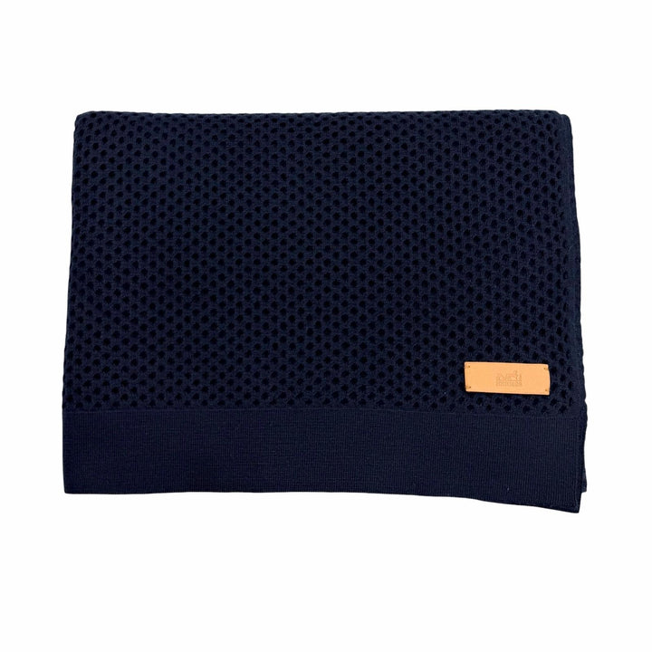 極美品▼HERMES エルメス カシミヤ100% メッシュ レザーパッチ付き ニット 大判 ストール マフラー ネイビー イタリア製 メンズ