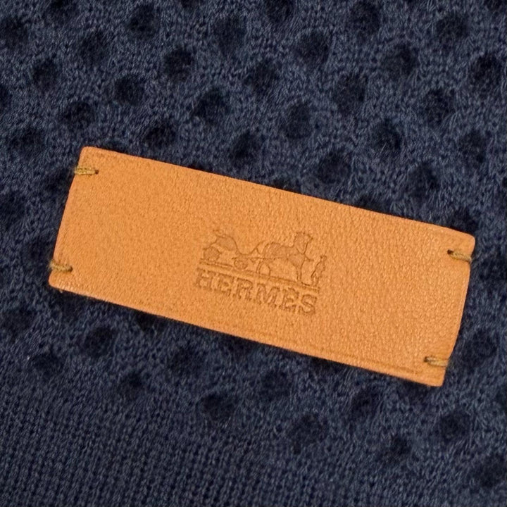 極美品▼HERMES エルメス カシミヤ100% メッシュ レザーパッチ付き ニット 大判 ストール マフラー ネイビー イタリア製 メンズ