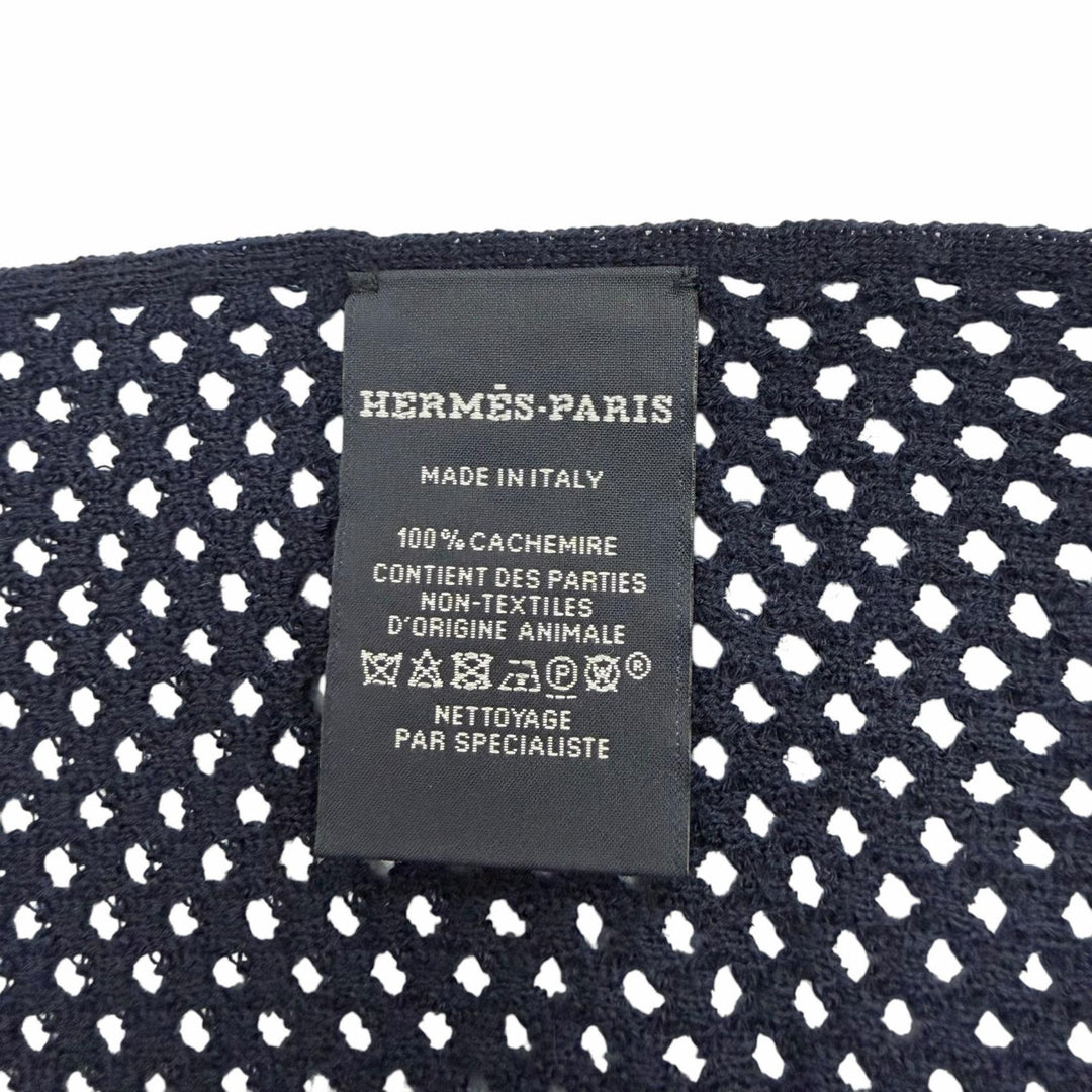 極美品▼HERMES エルメス カシミヤ100% メッシュ レザーパッチ付き ニット 大判 ストール マフラー ネイビー イタリア製 メンズ