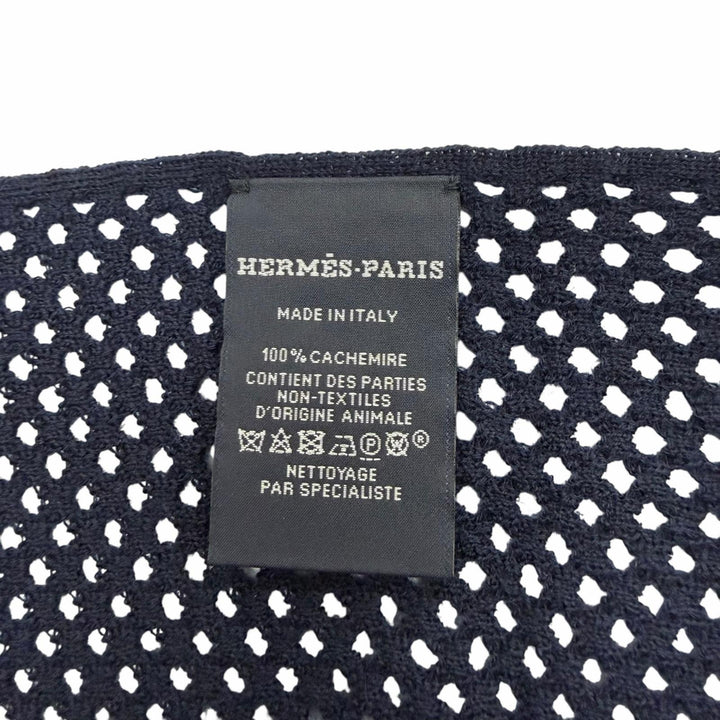 極美品▼HERMES エルメス カシミヤ100% メッシュ レザーパッチ付き ニット 大判 ストール マフラー ネイビー イタリア製 メンズ