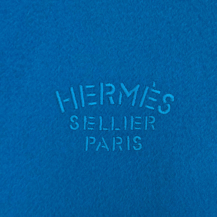 極美品★HERMES エルメス カシミヤ100％ ロゴ刺繍入り フリンジ 大判 マフラー ショール ブルー 英国製 レディース