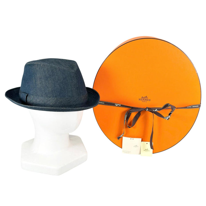 極美品▲HERMES エルメス コットン リネン Hロゴ刺繍 中折れ ハット 帽子 インディゴブルー 60 フランス製 正規品 メンズ 箱付き