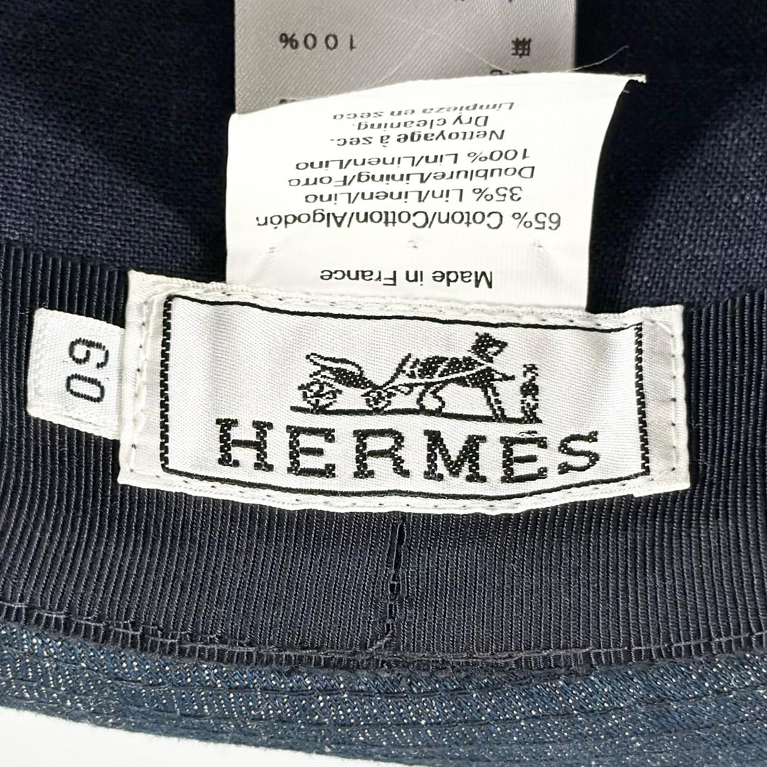 極美品▲HERMES エルメス コットン リネン Hロゴ刺繍 中折れ ハット 帽子 インディゴブルー 60 フランス製 正規品 メンズ 箱付き