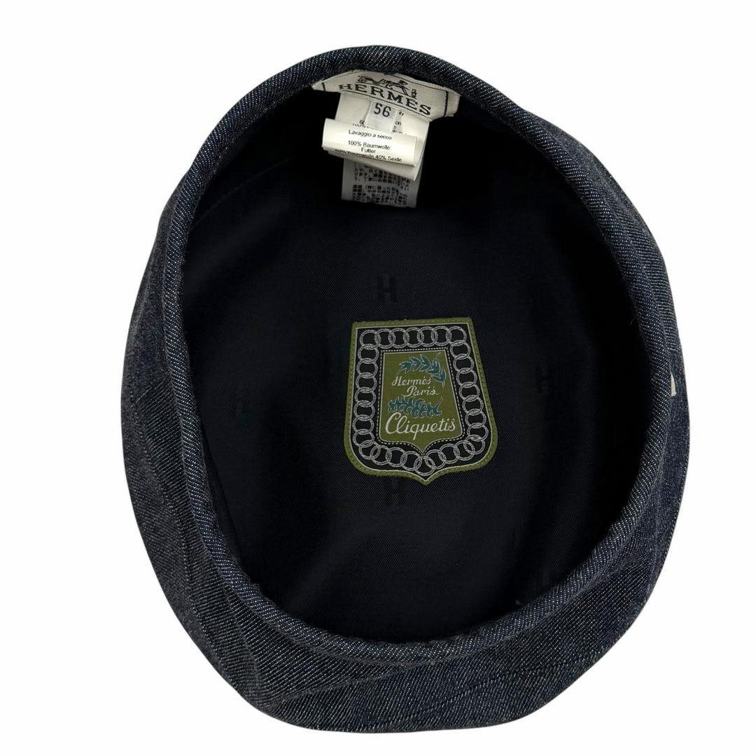 美品★HERMES エルメス H221017N コットン100% セリエ金具付 サントノーレ CLIQUETIS デニム ベレー帽 インディゴ 56 正規品 保存袋付