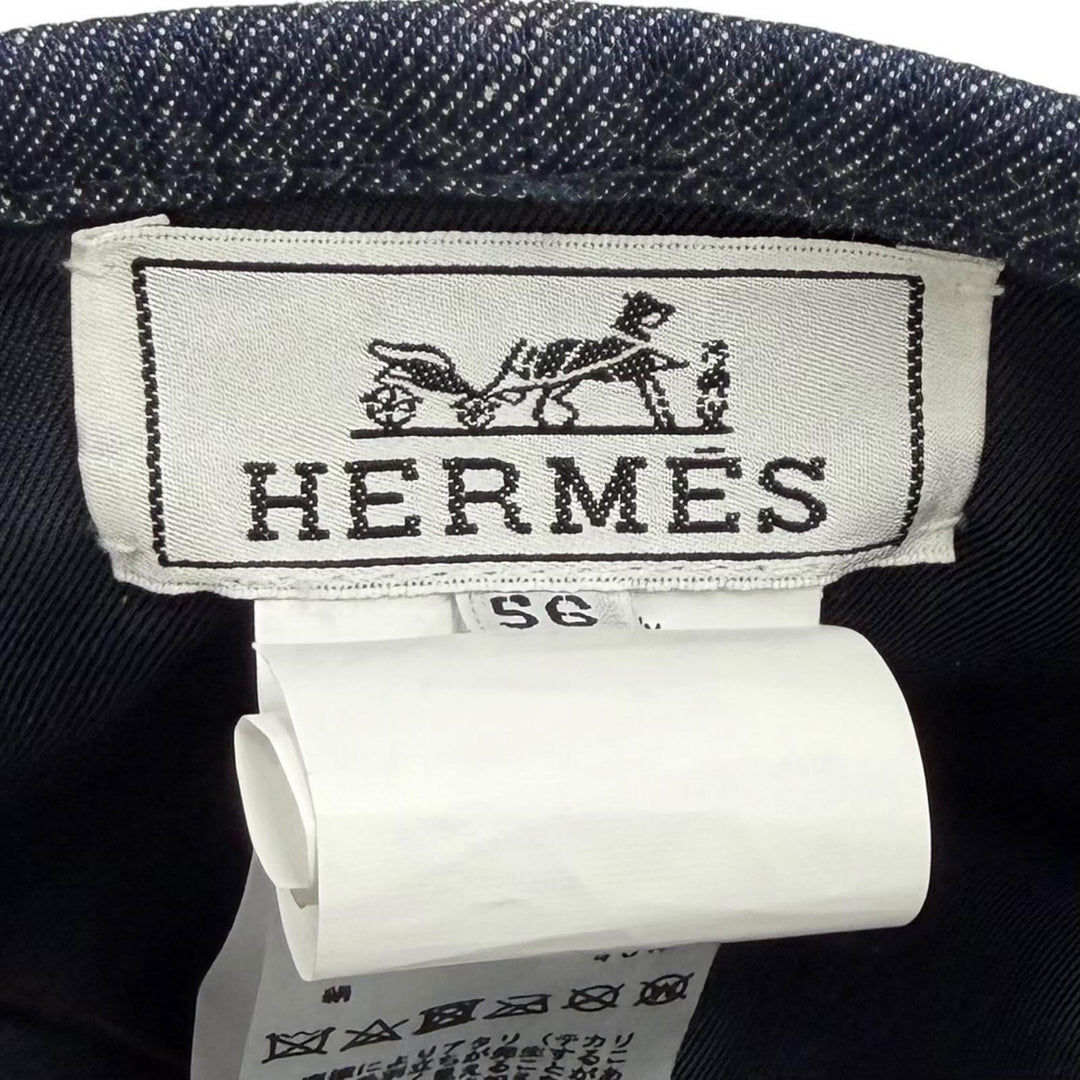 美品★HERMES エルメス H221017N コットン100% セリエ金具付 サントノーレ CLIQUETIS デニム ベレー帽 インディゴ 56 正規品 保存袋付