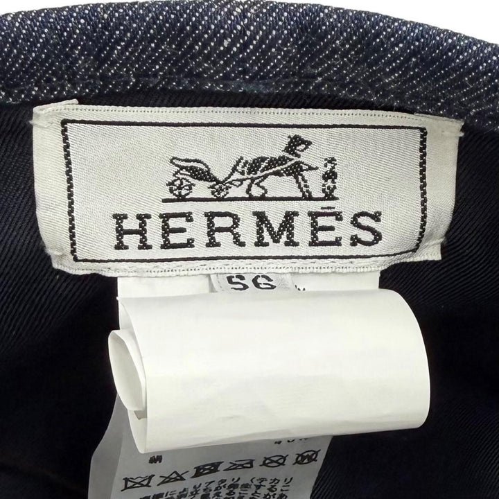 美品★HERMES エルメス H221017N コットン100% セリエ金具付 サントノーレ CLIQUETIS デニム ベレー帽 インディゴ 56 正規品 保存袋付