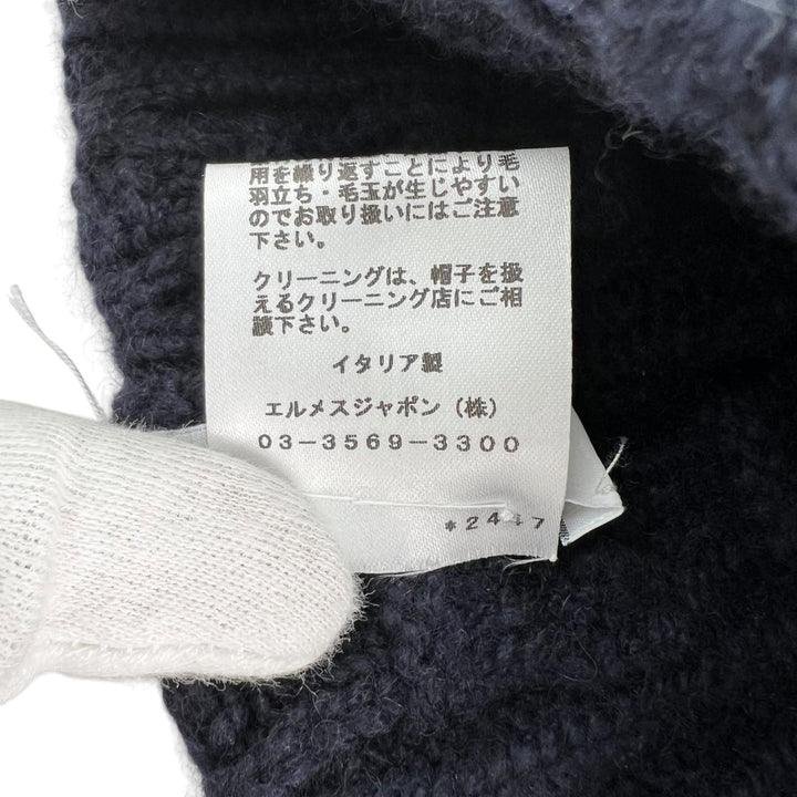 美品▲HERMES エルメス H202070N トリ・マイヨン カシミヤ100% ニットキャップ 帽子 ネイビーブルー M イタリア製 正規品 メンズ