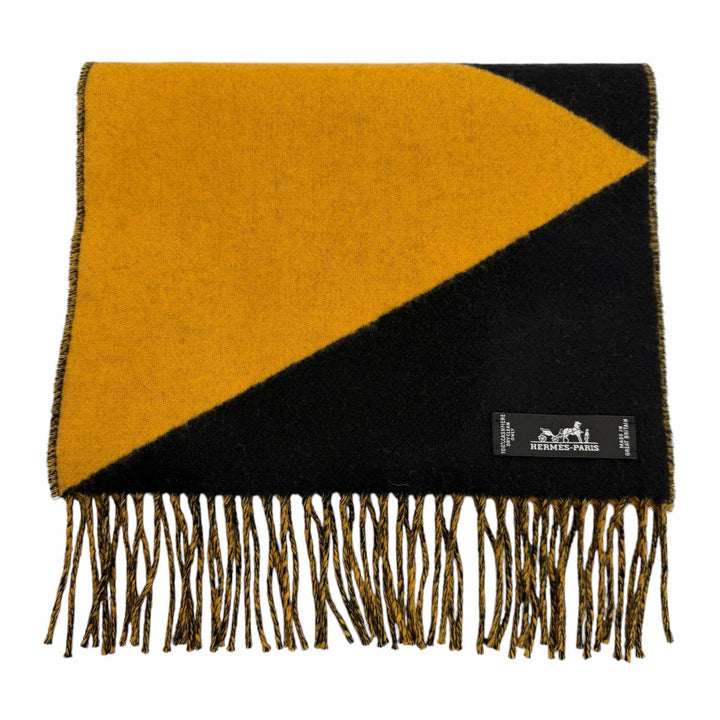 未使用品▼HERMES エルメス カシミヤ100% フリンジ付き バイカラー ストール マフラー ブラック イエロー 英国製 メンズ レディース